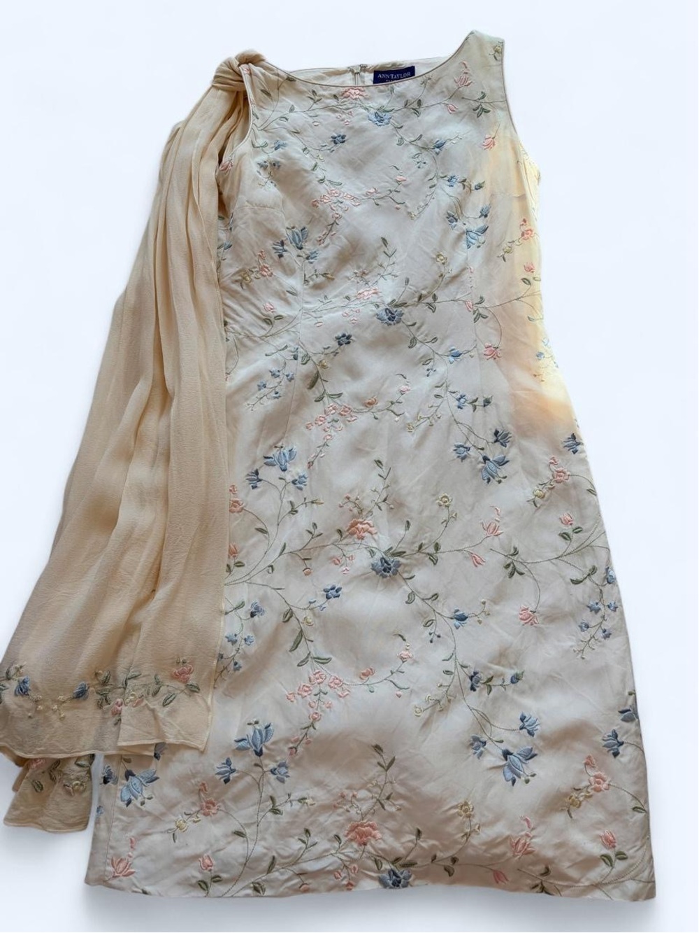 Vintage Ann Taylor 100% Silk Embroidered Floral Dress + Scarf 4P